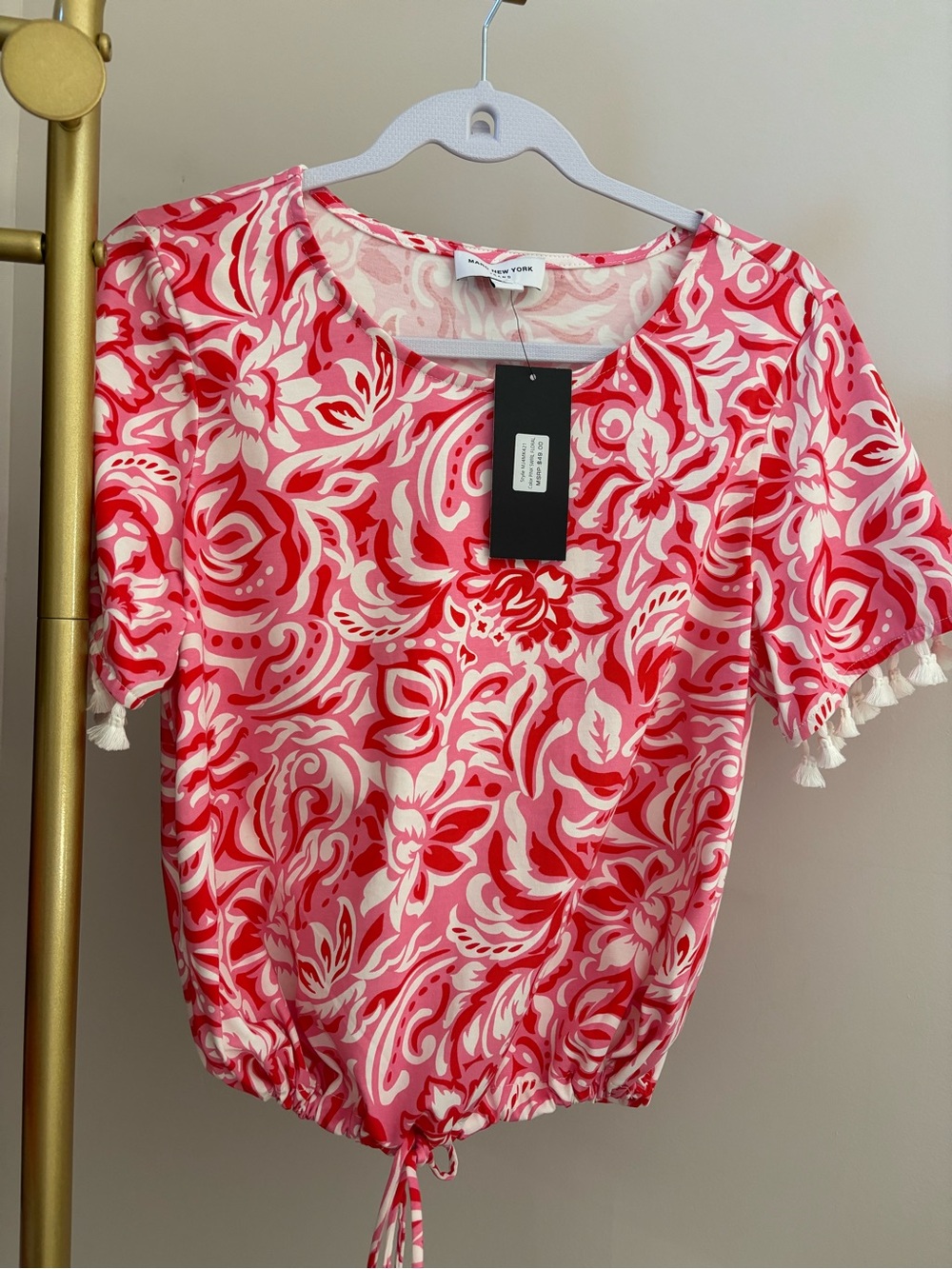 Sade New York Red & Pink Floral Tassel Sleeve Blouse